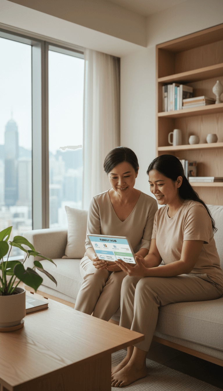 Families and helpers can view household tasks and financial records together on a tablet